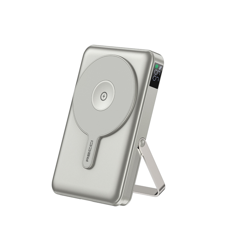 Recci RPB-W27 Galaxy Serisi Dijital LED Göstergeli Kablosuz Şarj Özellikli Type-C ve Lightning Kablolu Powerbank 20W 10.000mAh - Gold