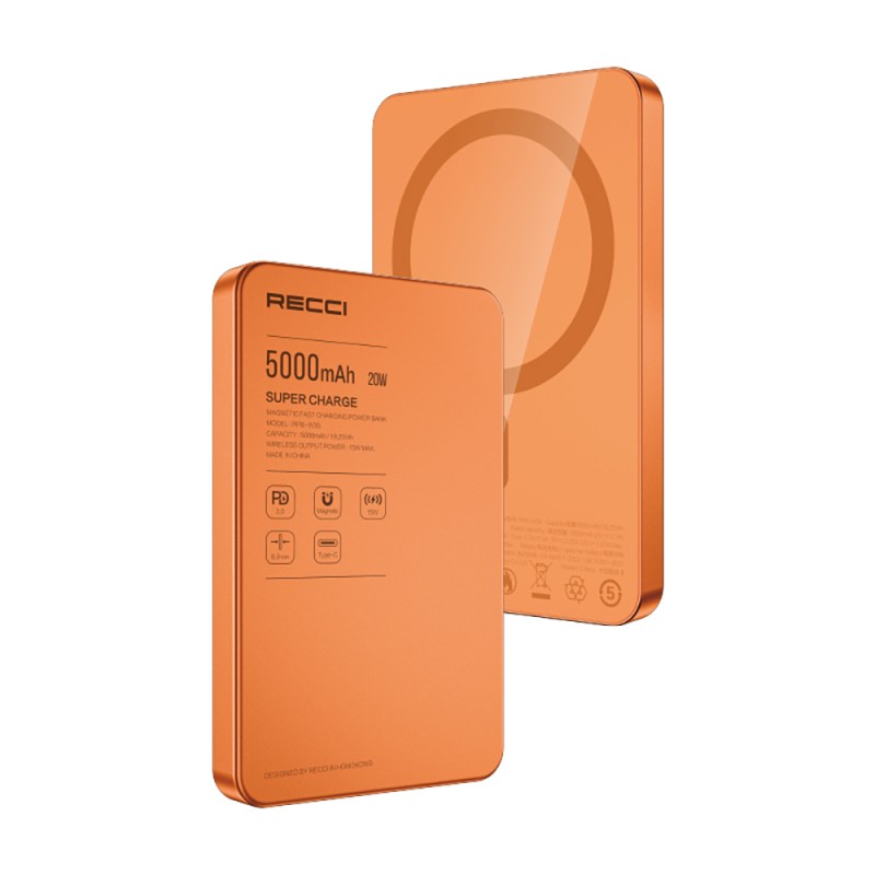 Recci RPB-W35 Ultra İnce PD 20W Hızlı Şarj Özellikli Wireless Powerbank 15W 5000mAh - 4