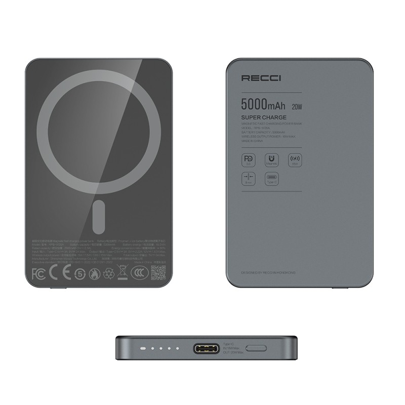 Recci RPB-W35A Ultra-Slim 5000mAh Wireless Power Bank with PD 20W Fast Charging & 15W Wireless Charging - 4
