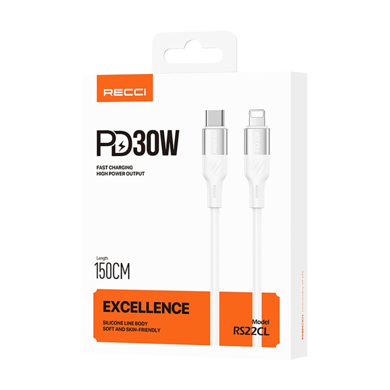 Recci RS22CL Excellence Serisi Type-C to Lightning PD 30W Hızlı Şarj Özellikli Data ve Şarj Kablosu 1.5M - 3