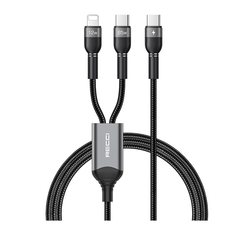 Recci RTC-T16 2 in 1 65W PD Hızlı Şarj Özellikli Lightning ve Type-C To Type-C PD Kablo 1.2M - Gri