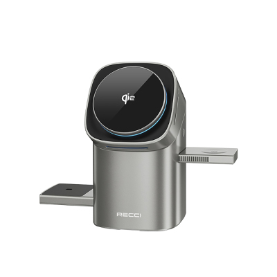 Recci RW05 Qi2 Şarj Teknolojili Ambiyans Işıklı Telefon&Akıllı Saat&Kulaklık 15W 3in1 Kablosuz Şarj Standı - Recci