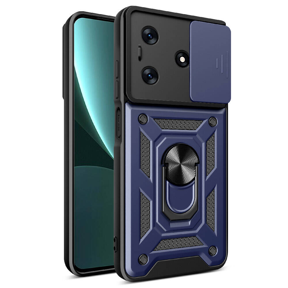 Tecno Spark 10C Kılıf Magnetik Standlı Kamera Korumalı Zore Sürgülü Vega Kapak - Mavi