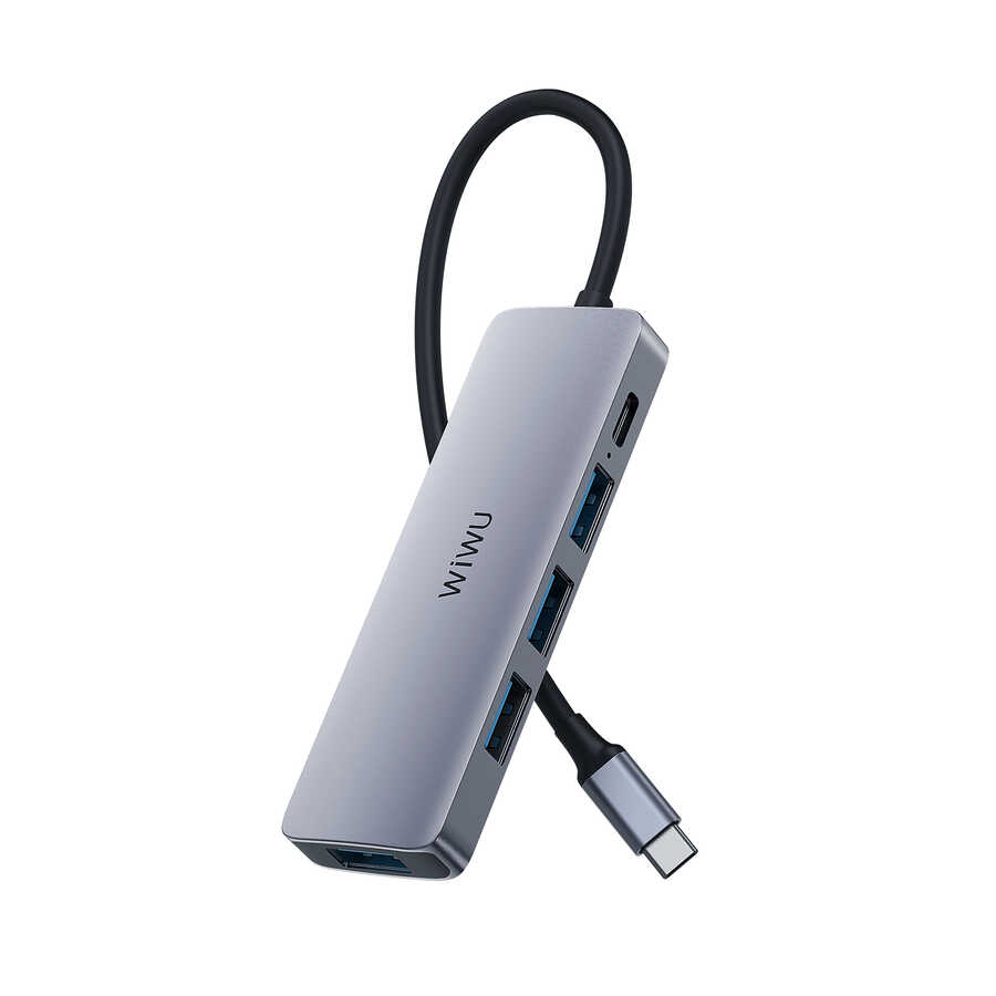 Wiwu Alpha A541BC 5 in 1 Type-C Hub 60W Pd Şarj Destekli Usb Çoğaltıcı - Gri