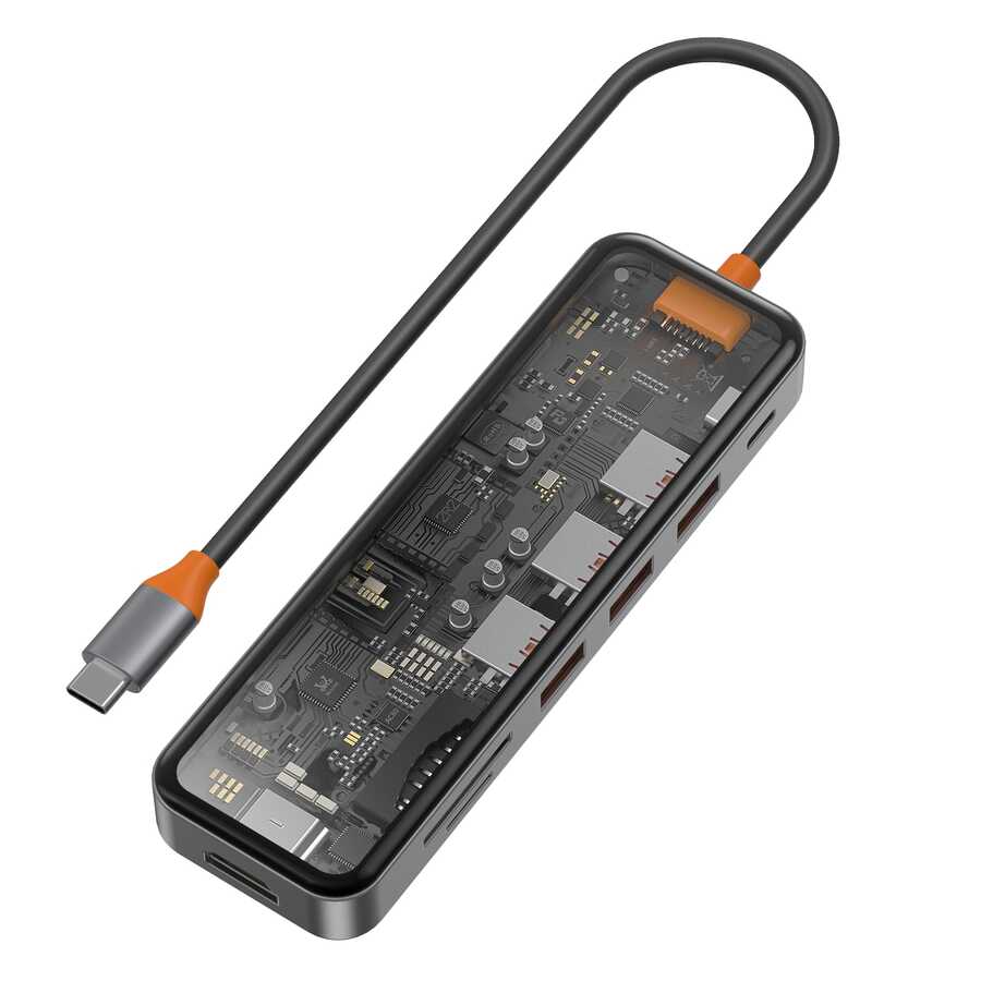 Wiwu CB007 Cyber 7 in 1 Type-C Hub 100W Şarj Destekli Şeffaf Görünümlü SD Kart-Hdmi-Usb Çoğaltıcı - Gri
