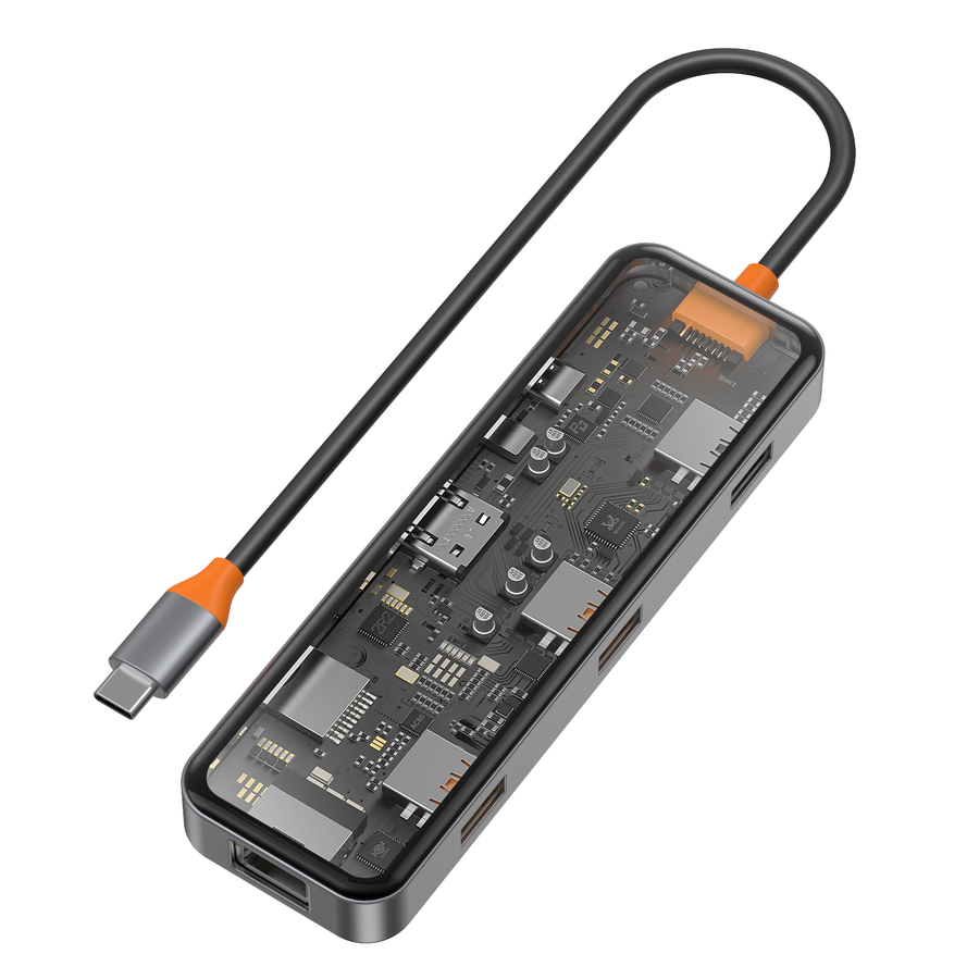Wiwu CB008 Cyber 8 in 1 Type-C Hub 100W Şarj Destekli Şeffaf Görünümlü SD Kart-RJ45-Hdmi-Usb Çoğaltıcı - Gri