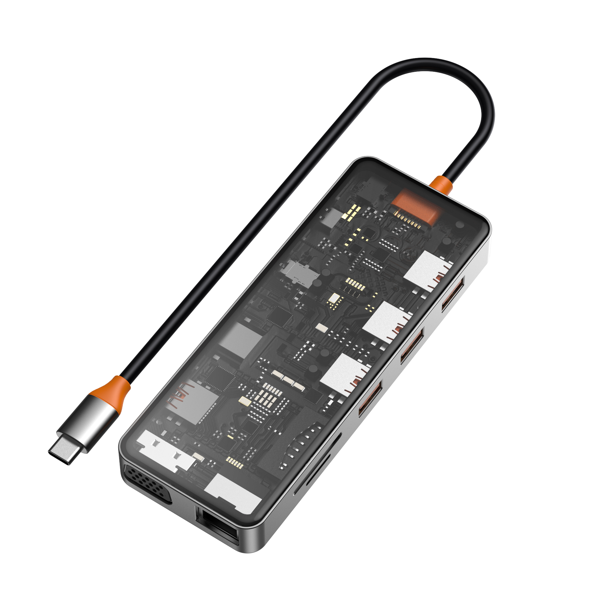 Wiwu CB011 Cyber 11 in 1 Type-C Hub 100W Şarj Destekli Şeffaf Görünümlü SD Kart-RJ45-Hdmi-VGA-Usb Çoğaltıcı - Gri