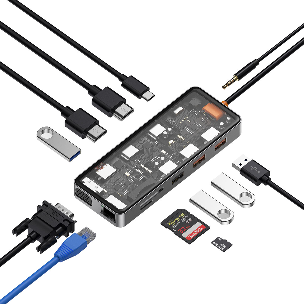 Wiwu CB012 Cyber 12 in 1 Type-C Hub 100W Şarj Destekli Şeffaf Görünümlü SD Kart-RJ45-Hdmi-VGA-Usb Çoğaltıcı - Gri