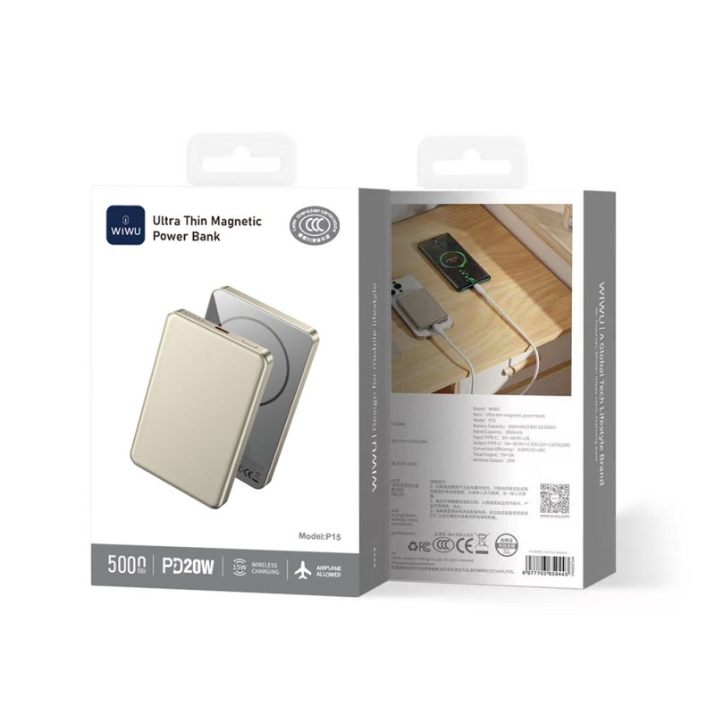 Wiwu P15 Ultra Slim PD 20W Wireless Powerbank with LED Indicator 5000mAh 15W - 9