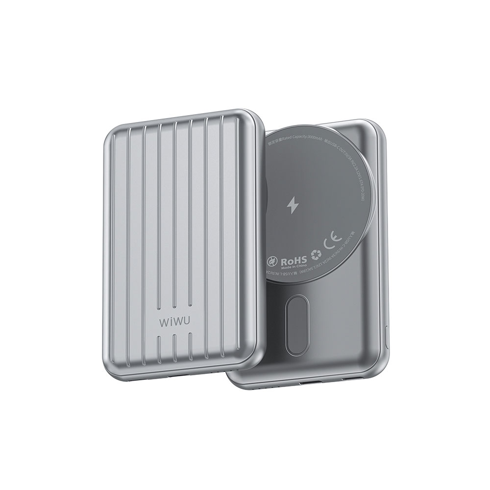 Wiwu PP02 Taşınabilir Wireless Şarj ve PD Hızlı Şarj Özellikli Powerbank 15W 5000mAh - Gümüş