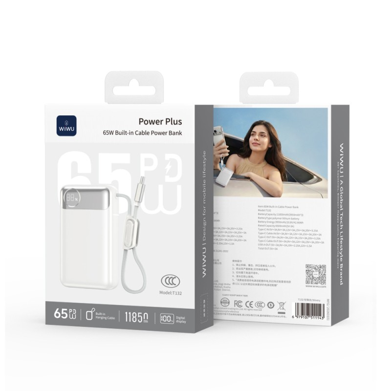 Wiwu T132 Power Plus Series Type-C Wired PD Powerbank 65W 12000mAh - 10