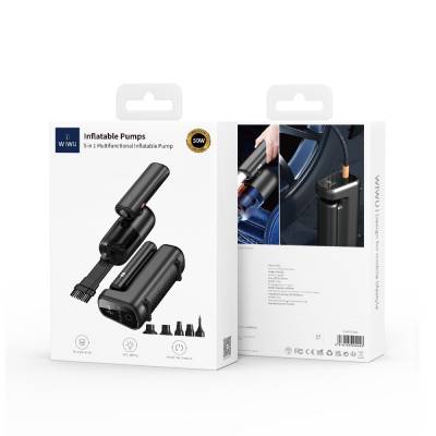 Wiwu Wi-Ai002 5in1 Auto Vehicle Tire Inflation Pump - Auto Vehicle Vacuum Cleaner - Vacuum Machine - Flashlight Digital Display Vehicle Air Compressor - 8