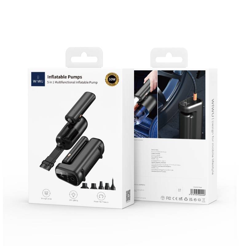 Wiwu Wi-Ai002 5in1 Auto Vehicle Tire Inflation Pump - Auto Vehicle Vacuum Cleaner - Vacuum Machine - Flashlight Digital Display Vehicle Air Compressor - 8