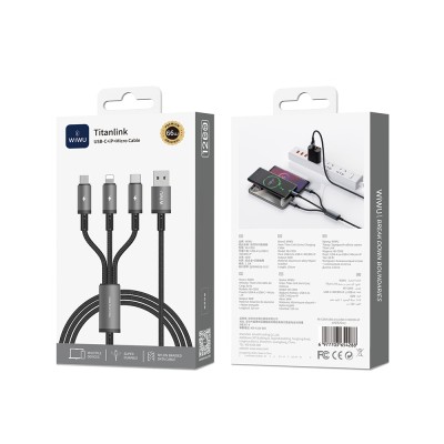 Wiwu Wi-C059 Titanlink Series 3in1 USB-A to Lightning – Type-C – Micro Braided Charging and Data Cable 66W 1.2m - 3