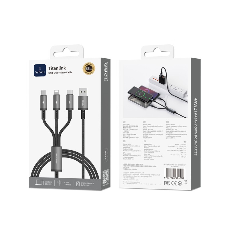 Wiwu Wi-C059 Titanlink Serisi 3in1 USB-A to Lightning – Type-C – Micro Örgülü Şarj ve Data Kablosu 66W 1.2m - 3
