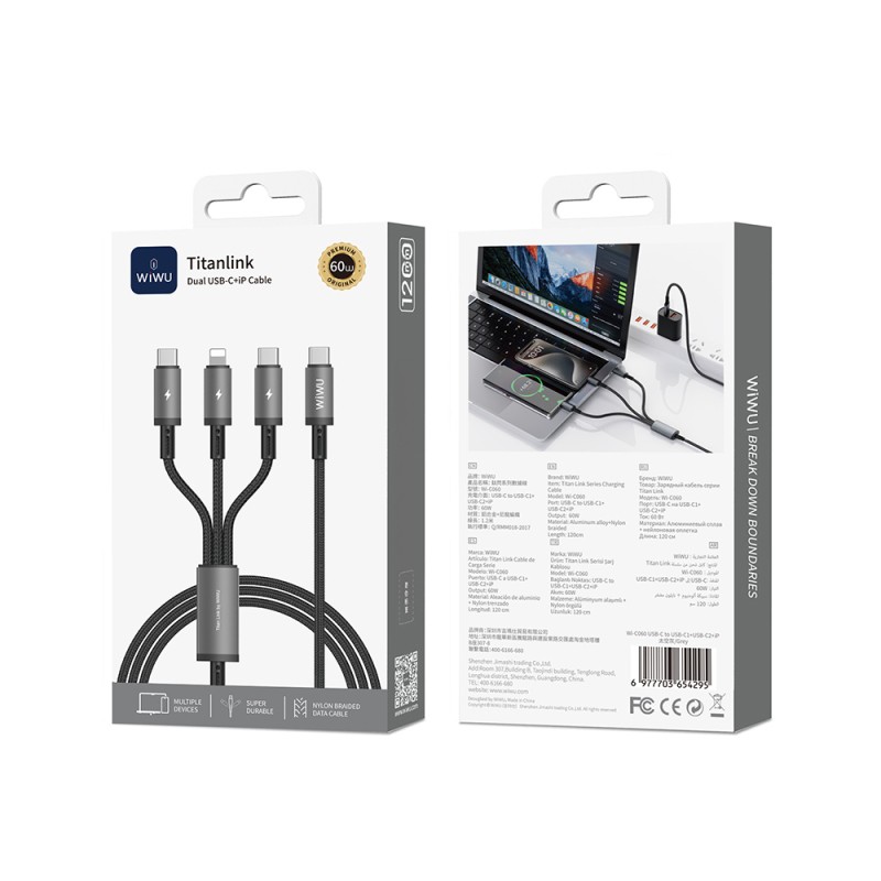 Wiwu Wi-C060 Titanlink Series 3in1 Type-C to Lightning – 2xType-C Braided Charging and Data PD Cable 60W 1.2m - 4