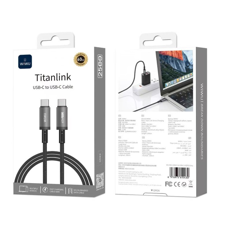 Wiwu Wi-C061 Titanlink Serisi Type-C to Type-C Hızlı Şarj Özellikli PD Data ve Şarj Kablosu 60W 2.5M - 3
