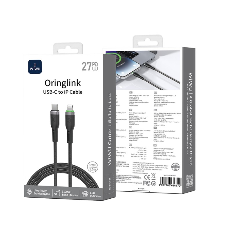 Wiwu Wi-C070 Orginlink Series LED Indicator Type-C to Lightning Fast Charging PD Data and Charging Cable 27W 1M - 4