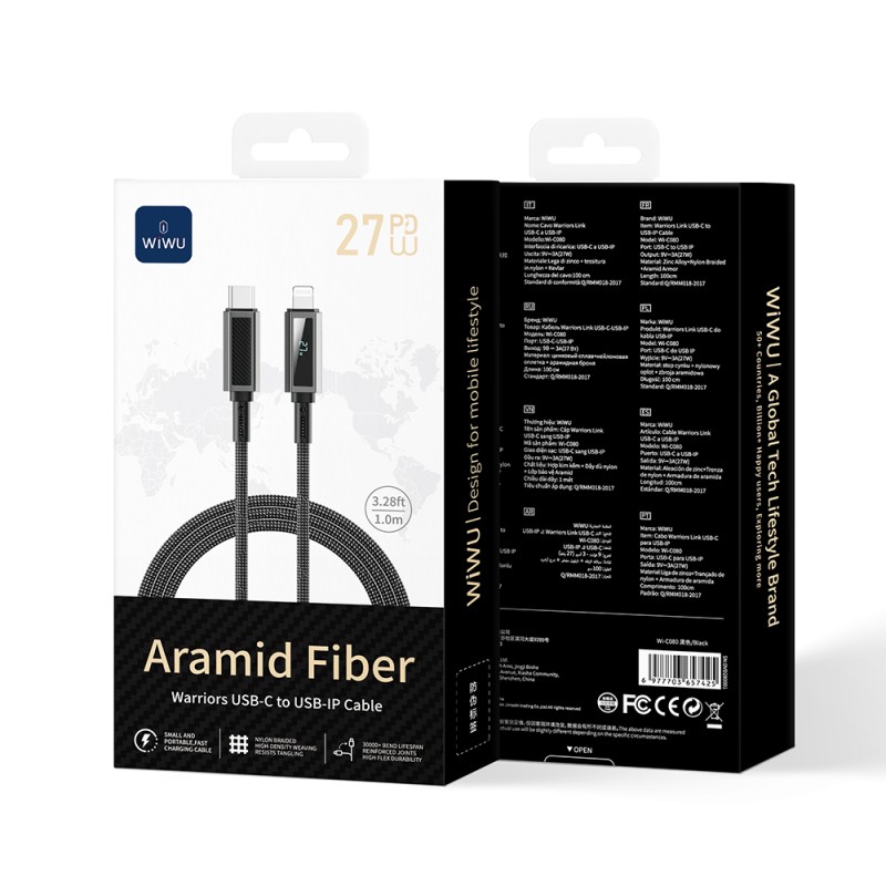 Wiwu Wi-C080 Warriors Serisi Aramid Fiber Dijital LED Göstergeli Type-C to Lightning PD Data ve Şarj Kablosu 27W 1M - 7
