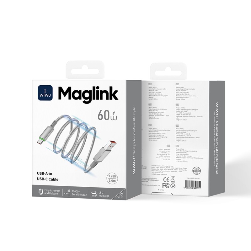 Wiwu Wi-C082 Maglink Serisi LED Göstergeli USB-A to Type-C Hızlı Şarj Özellikli Data ve Şarj Kablosu 60W 1M - 7