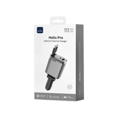 Wiwu Wi-CC034 Type-C + USB-A Hızlı Şarj Özellikli GaN Teknolojili Dahili Kablolu Araç Şarj Aleti 111W - 9