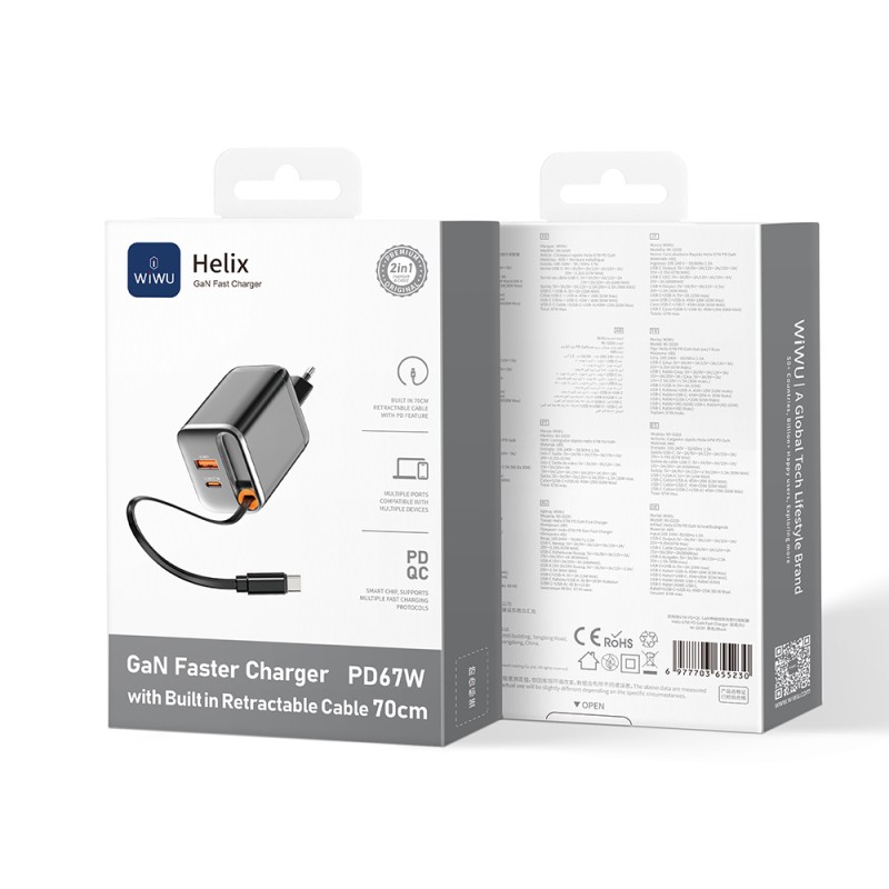 Wiwu Wi-G020 Helix Series GaN Technology Fast Charging Head USB-A to Type-C PD 67W Type-C Wired Charging Set - 3