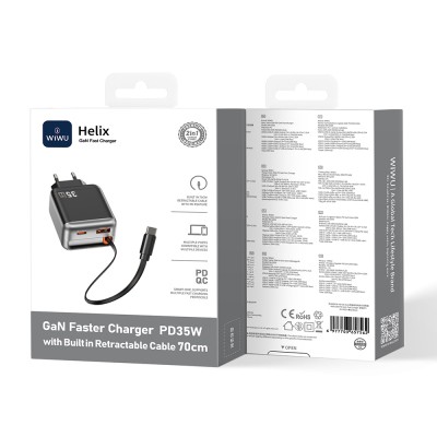 Wiwu Wi-G029 Helix Serisi GaN Teknolojili Hızlı Şarj Başlığı USB-A to Type-C PD 35W Type-C Kablolu Şarj Seti - 5