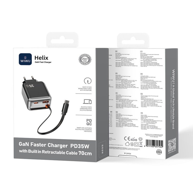 Wiwu Wi-G029 Helix Serisi GaN Teknolojili Hızlı Şarj Başlığı USB-A to Type-C PD 35W Type-C Kablolu Şarj Seti - 5