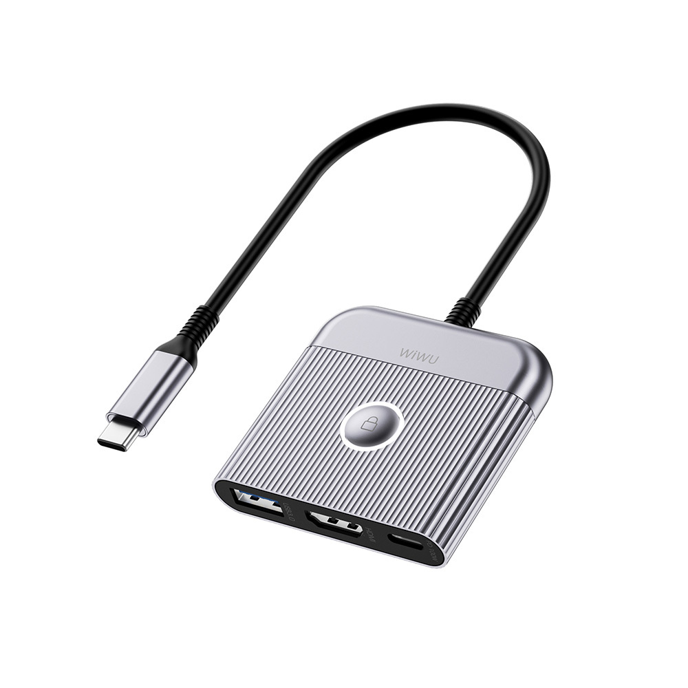 Wiwu Wi-HB8002 Travel Serisi 3in1 HDMI (4K@60Hz) Girişli 100W PD Type-C Hub Bağlantı İstasyonu - Gri