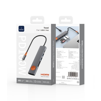 Wiwu Wi-HB8007 Travel Serisi 7in1 HDMI (4K@60Hz) Girişli 100W PD Type-C Hub Bağlantı İstasyonu - 6