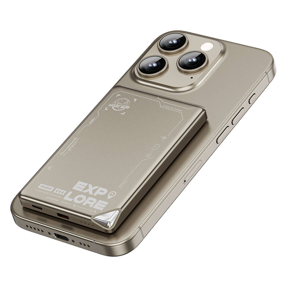 Wiwu Wi-P019 Ultra-Thin Explore Serisi Led Göstergeli Wireless M-safe Powerbank 15W 5000mAh - Titanyum-Gold