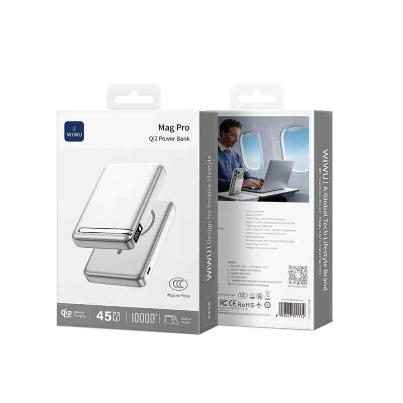 Wiwu Wi-P090 Mag Pro Series 45W Portable M-safe Wireless Powerbank with Qi2 Charging Technology and Stand, 10,000mAh - 7