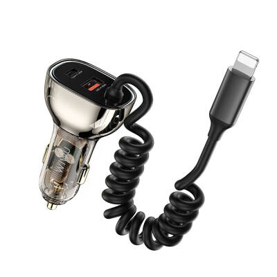 Wiwu Wi-QC019 Geek Series Transparent Design Car Charger with Type-C + Lightning Cable + USB-A Fast Charging Features 90W - Wiwu
