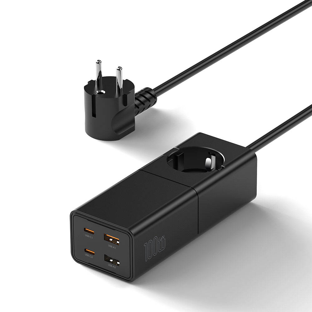 Wiwu Wi-S004 GaN Tech Çift Type-C ve Çift USB-A Girişli Priz 100W 150cm - Siyah