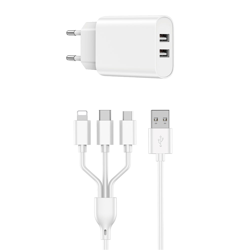 Wiwu Wi-U003 2.1A Çift USB Çıkışlı Hızlı Şarj Seti 3in1 Kablolu Type-C/Lightning/Micro - Beyaz