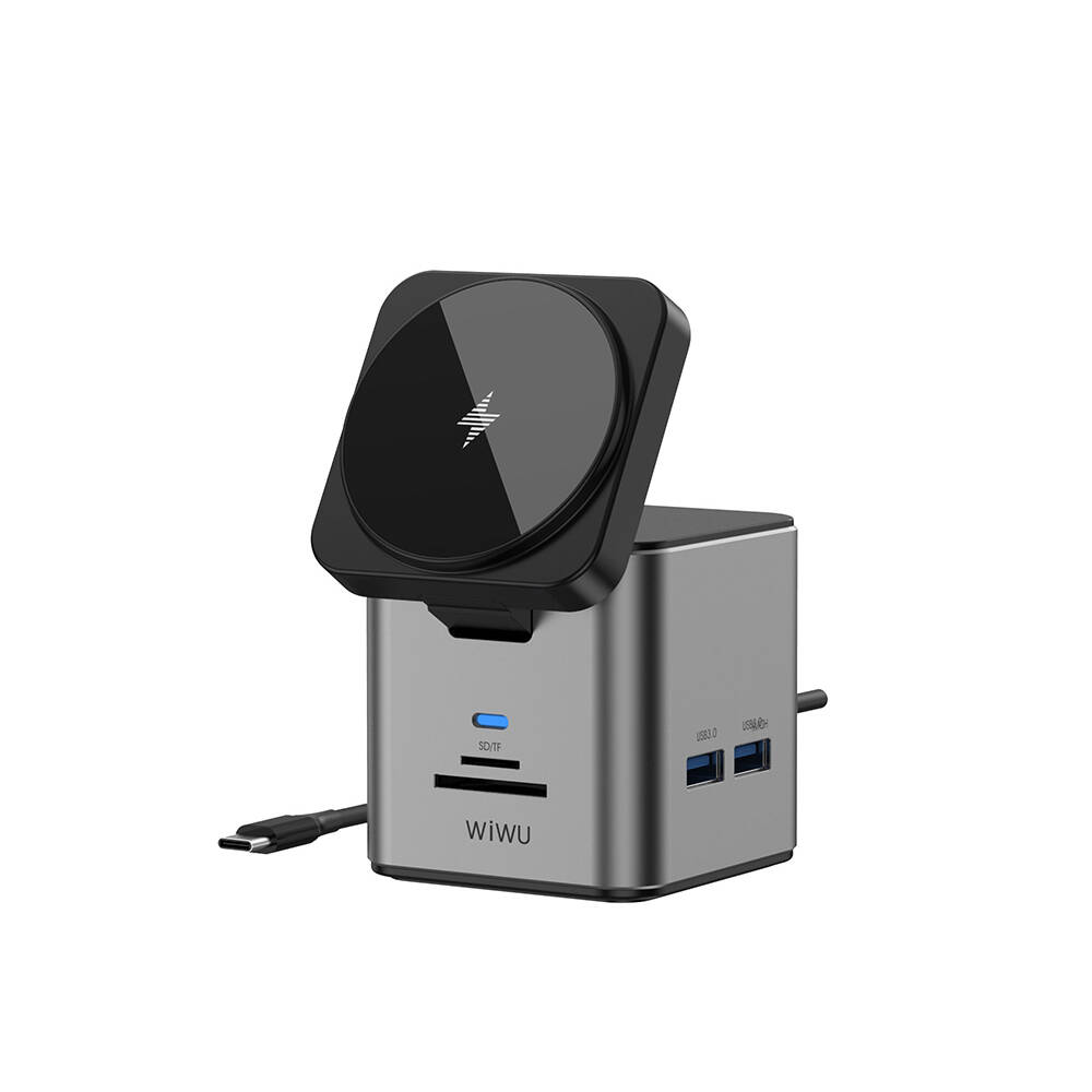 Wiwu Wi-W025 9in1 M-safe Şarj Özellikli Type-C Hub PD 100W USB 3.0 SD/TF HDMI RJ45 - Gri