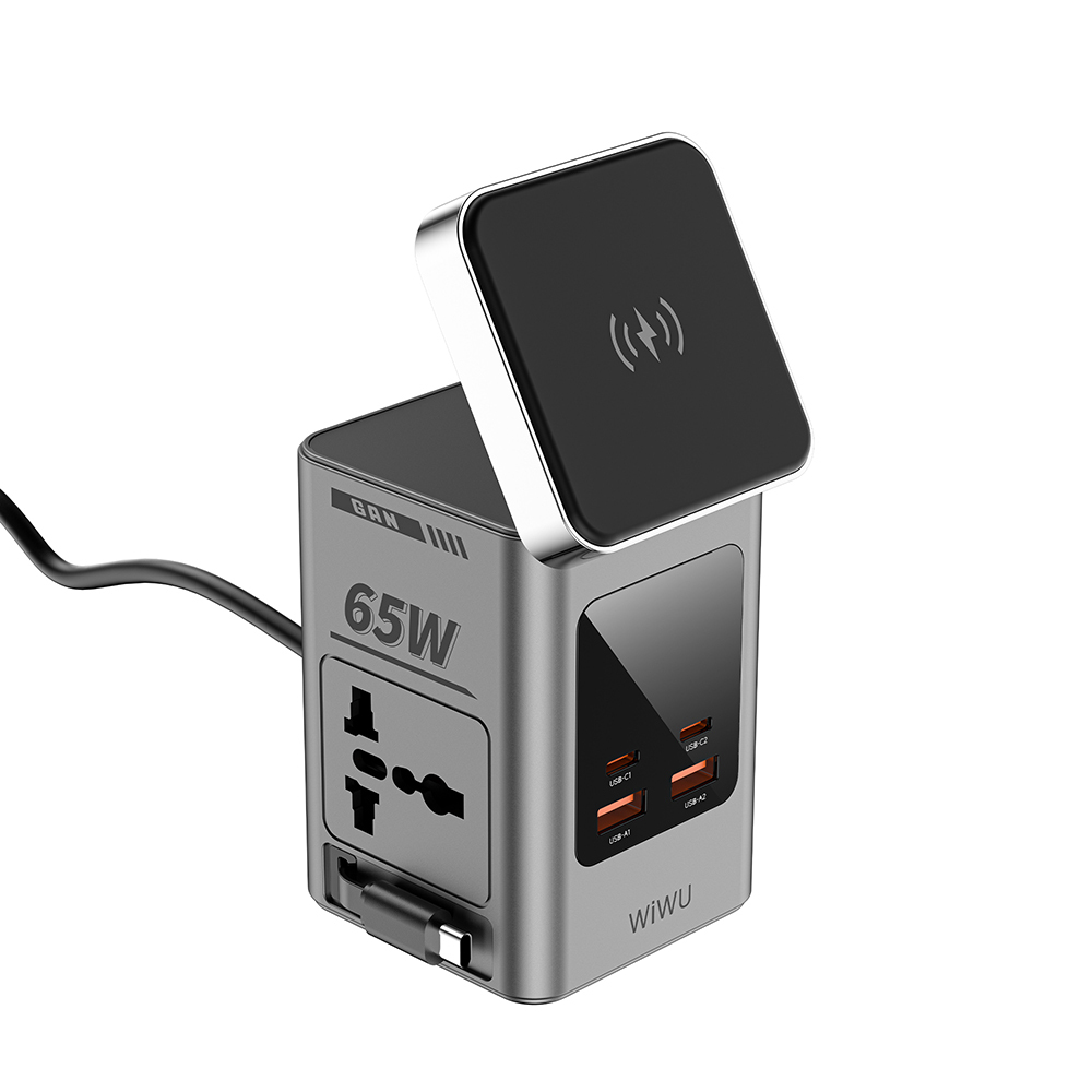 Wiwu Wi-W040 Telefon & Akıllı Saat & Kulaklık İçin GaN 65W 8in1 Şarj İstasyonu - Gri