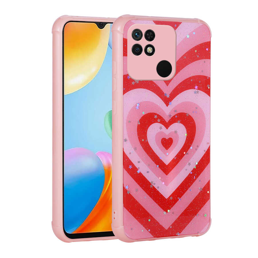 Xiaomi Poco C40 Kılıf Simli Desenli Kamera Korumalı Parlak Zore Popy Kapak - Kalp