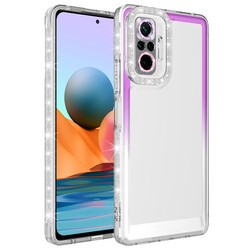 Xiaomi Redmi Note 10 Pro Kılıf Simli ve Renk Geçiş Tasarımlı Lens Korumalı Zore Park Kapak Mor-Beyaz