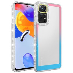 Xiaomi Redmi Note 11 Global Kılıf Simli ve Renk Geçiş Tasarımlı Lens Korumalı Zore Park Kapak Pembe-Mavi