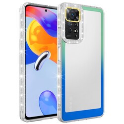 Xiaomi Redmi Note 11 Global Kılıf Simli ve Renk Geçiş Tasarımlı Lens Korumalı Zore Park Kapak Yeşil-Mavi
