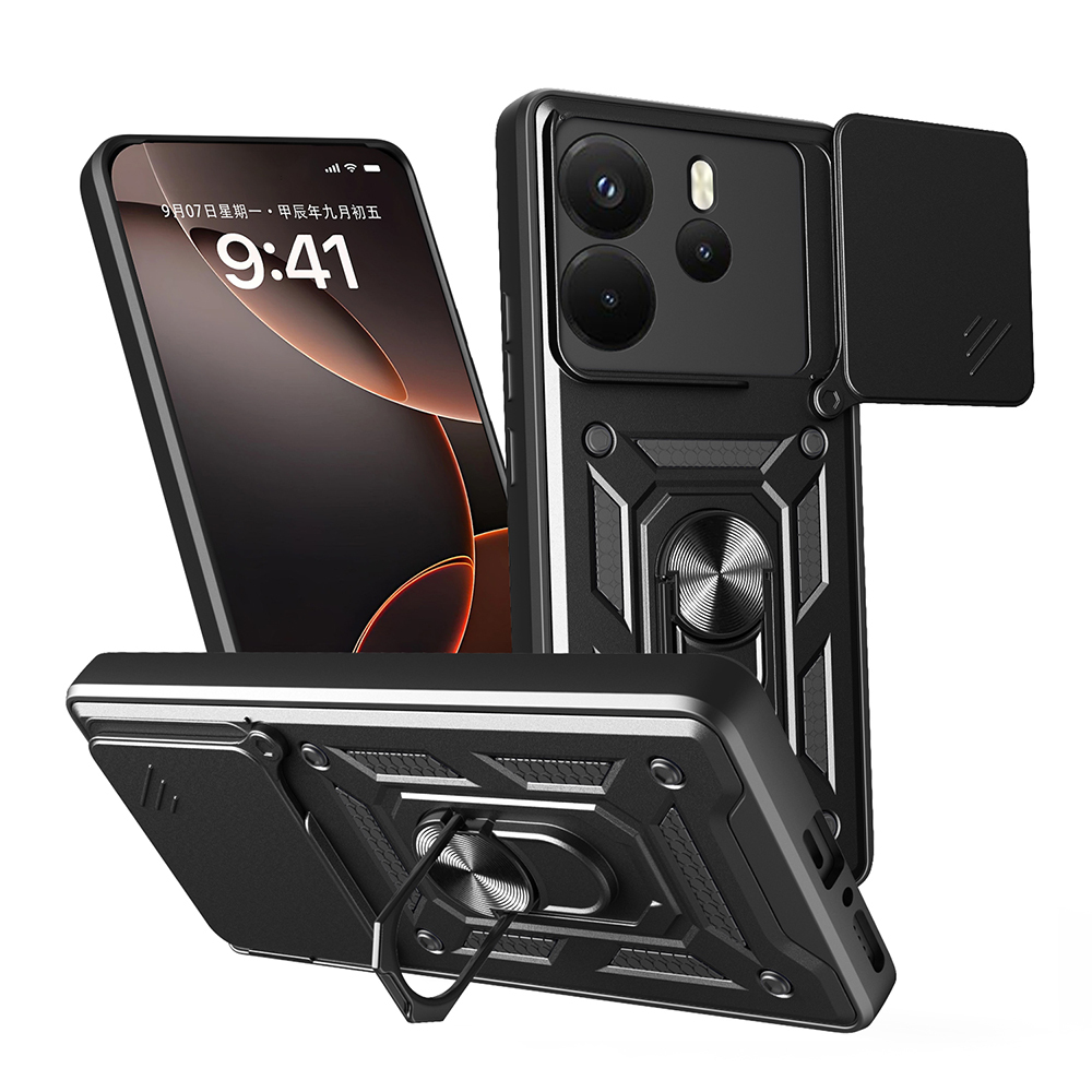 Xiaomi Redmi Note 14 4G Kılıf Magnetik Standlı Kamera Korumalı Zore Sürgülü Vega Kapak - Siyah