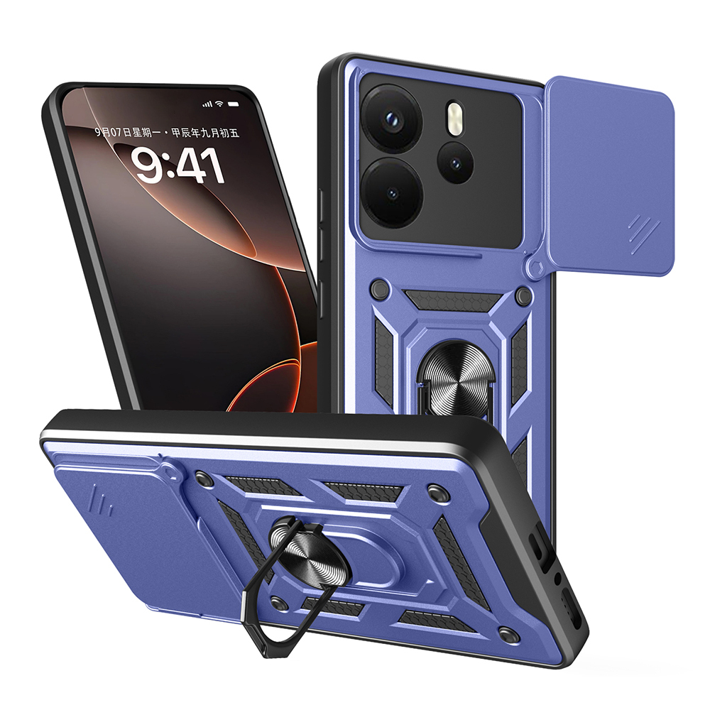 Xiaomi Redmi Note 14 4G Kılıf Magnetik Standlı Kamera Korumalı Zore Sürgülü Vega Kapak - Mavi