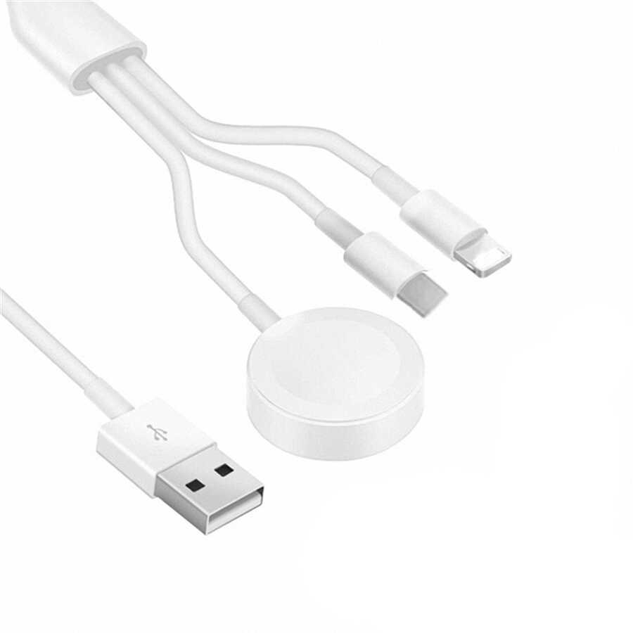 Zore Akıllı Saat 3 in 1 Lightning-Type-C-Wireless USB Şarj Kablosu - Beyaz