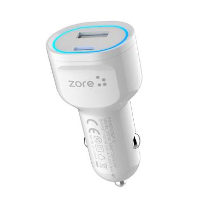 Zore CC-02 Quick Charge LED Lighted QC 3.0 USB-A and Type-C PD Car Charger Head 45W - Zore